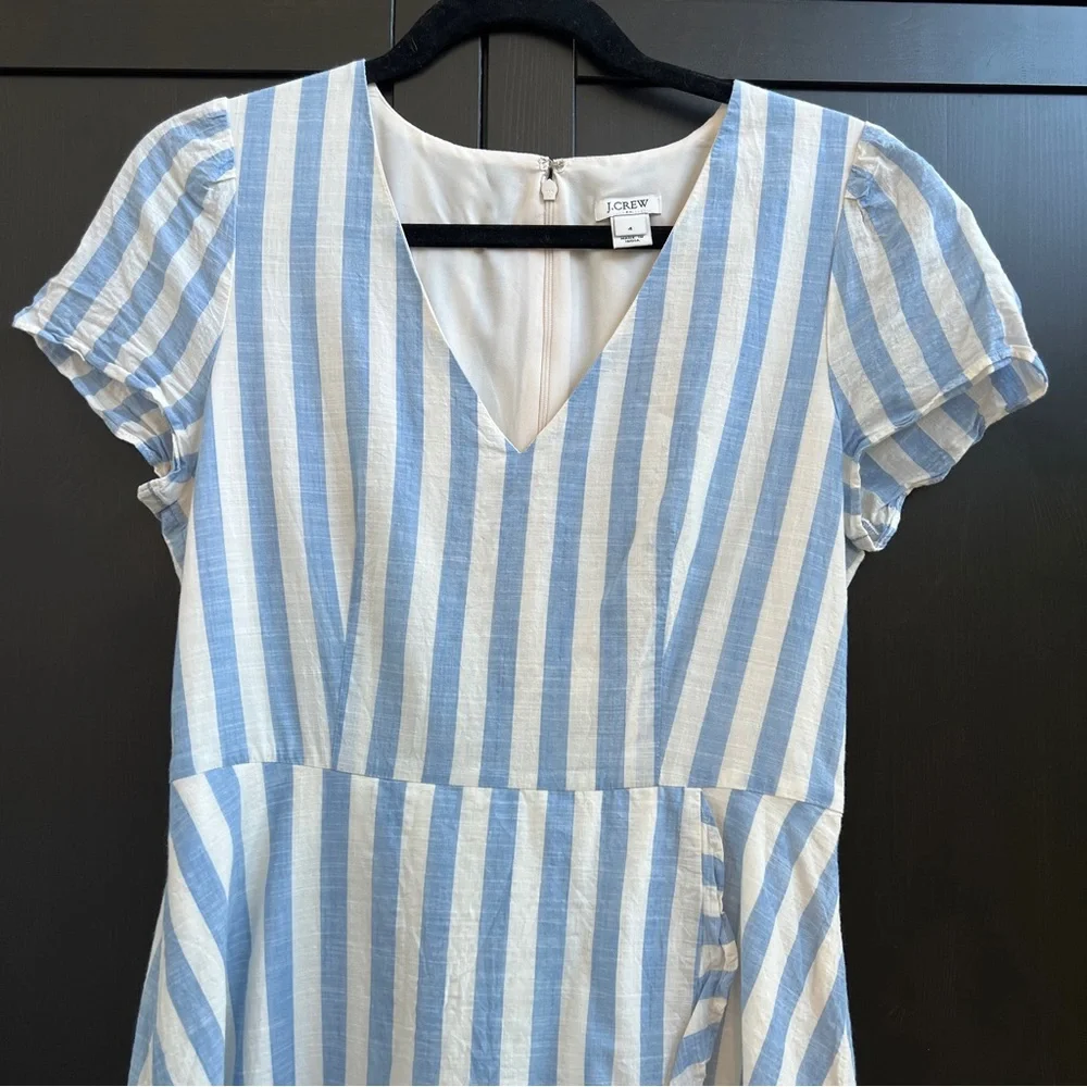 J. Crew Classic Striped Ruffle V-Neck Dress Size 4 Light Blue and Off-White